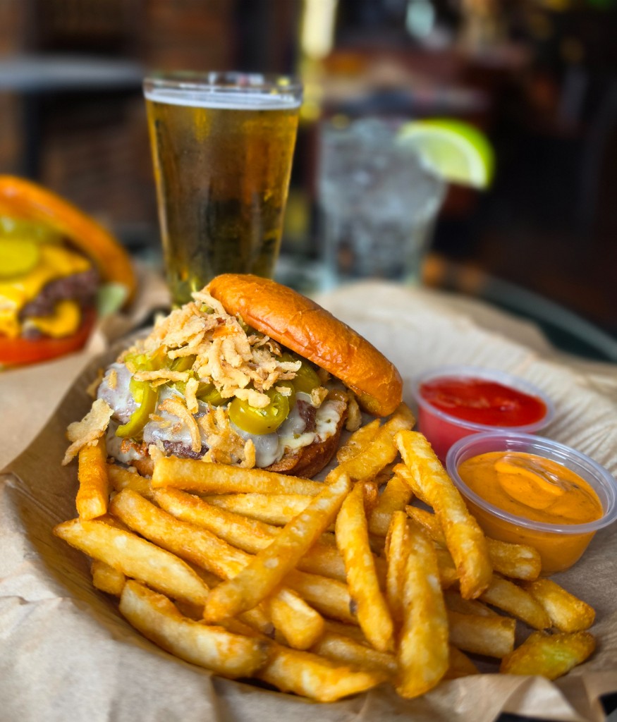 Burger with beer and lime drink