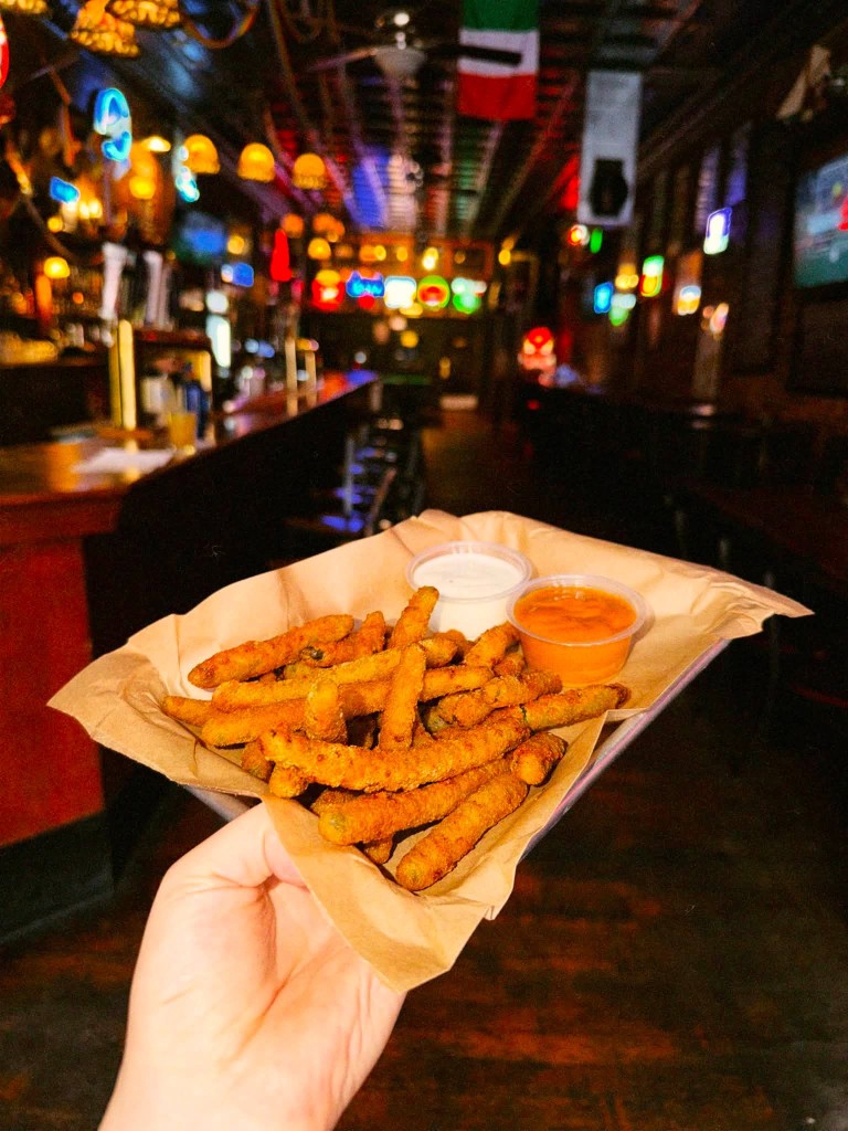 Fried green beans with dipping sauces at Finnegan's Wake