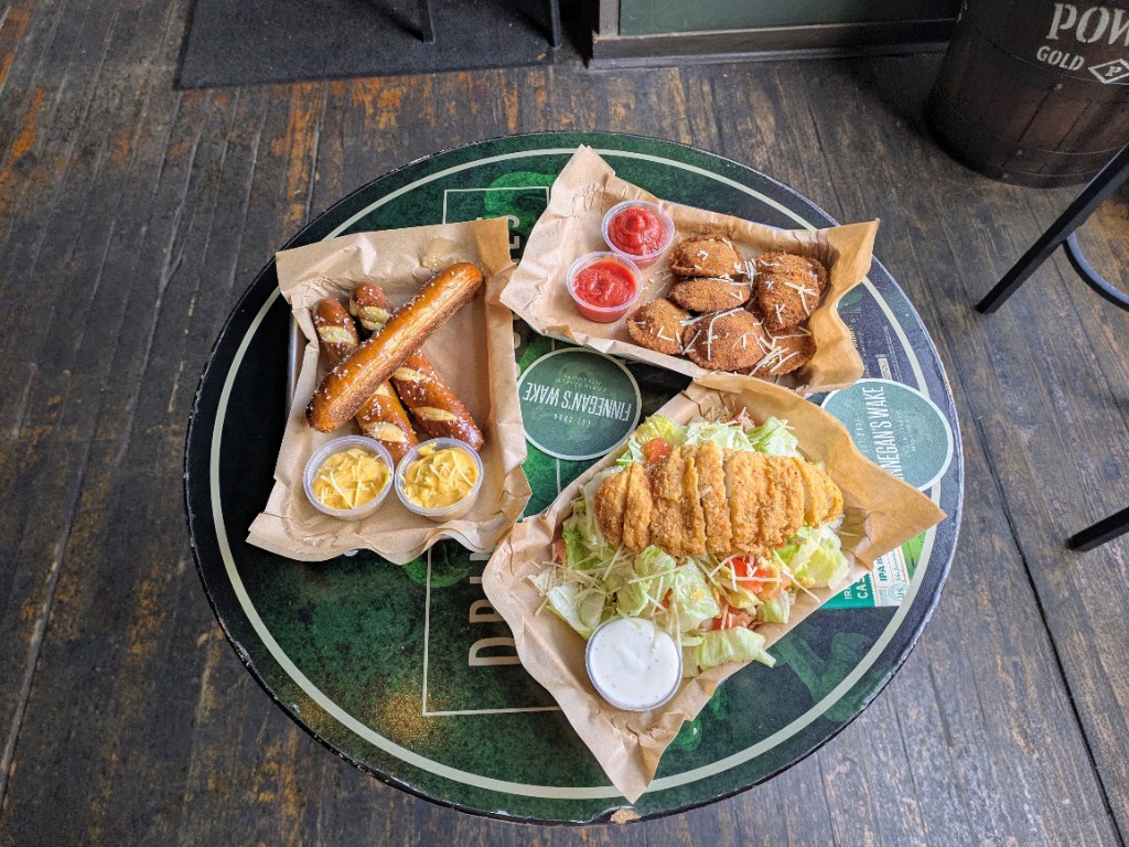 Pretzels, toasted ravioli, and chicken salad