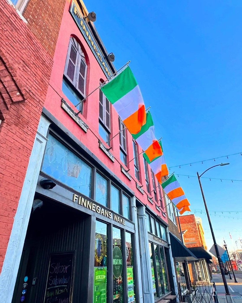 Finnegan's Wake decorated with Irish flags for St. Patrick's season