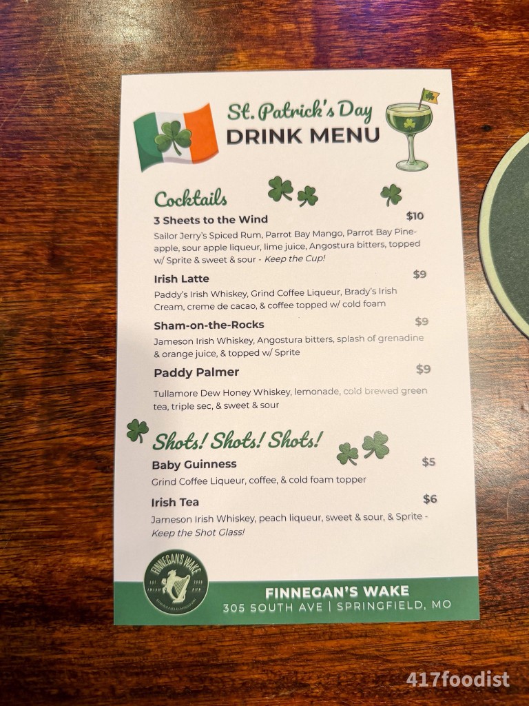St Patrick's Day drink menu