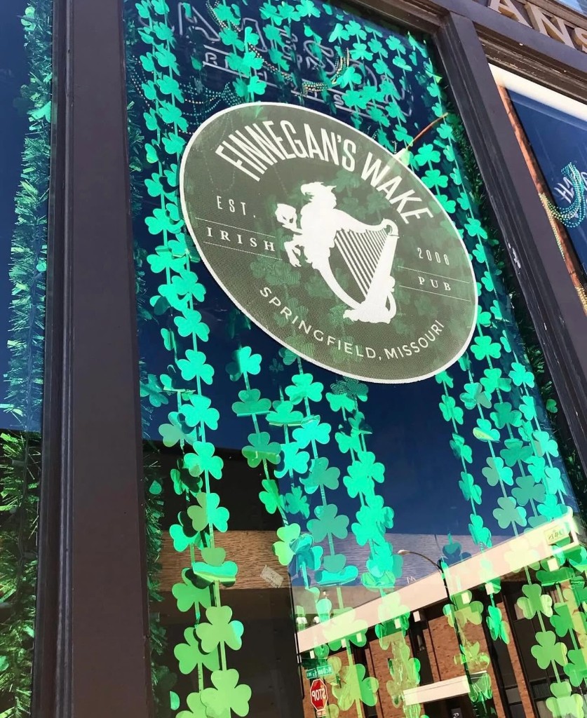 Finnegan's Wake window decorated for St. Patrick's Day